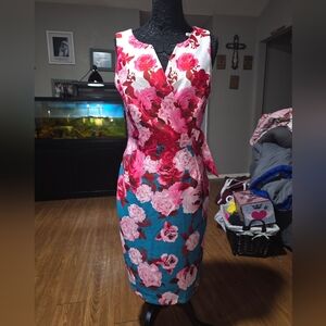 Enfocus Studio Pink and Blue Floral Midi Dress